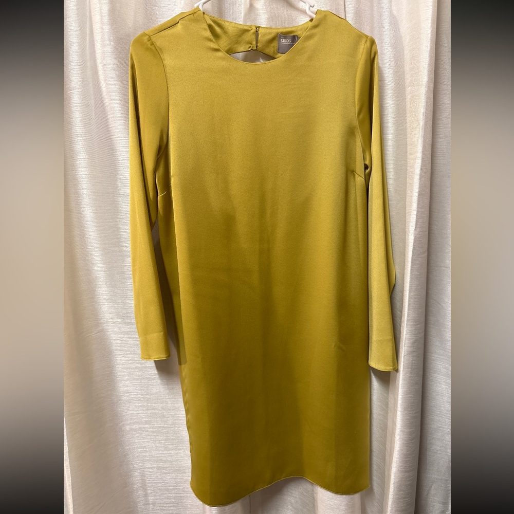 ASOS DESIGN Chartreuse Satin Long Sleeve Mini Dress Low Open Back US 6 NWT - Picture 2 of 8